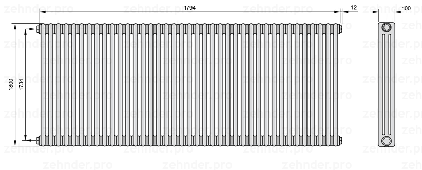 Схема (чертеж) Радиатор Zehnder Charleston 3180/39 №1270 Technoline TL